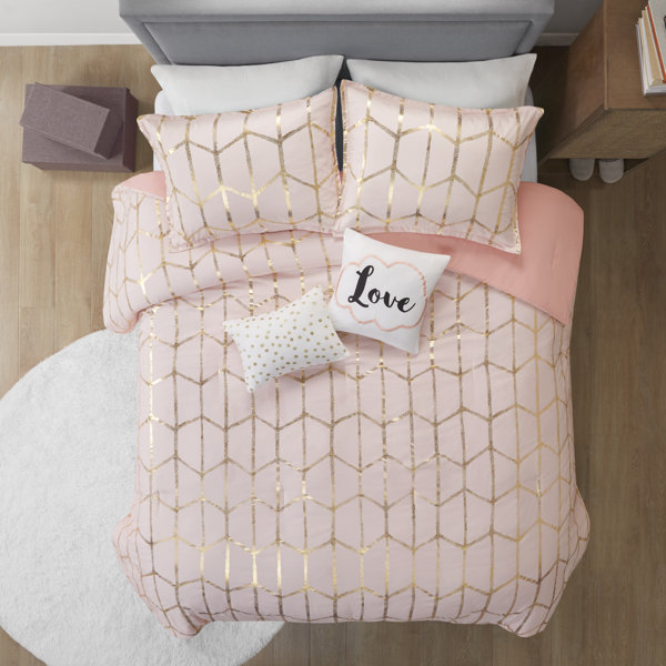 Goemetric Duvet Cover and Pillowcase Bed Set Duck Egg or Rose Gold Pink 