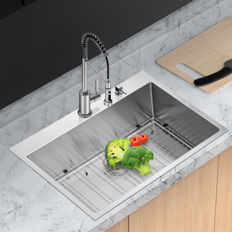 Juntoso 28x21 Inch Kitchen Sink Drop In 16 Gauge Stainless Steel Single Bowl Topmount Kitchen Sink Basin Wayfair