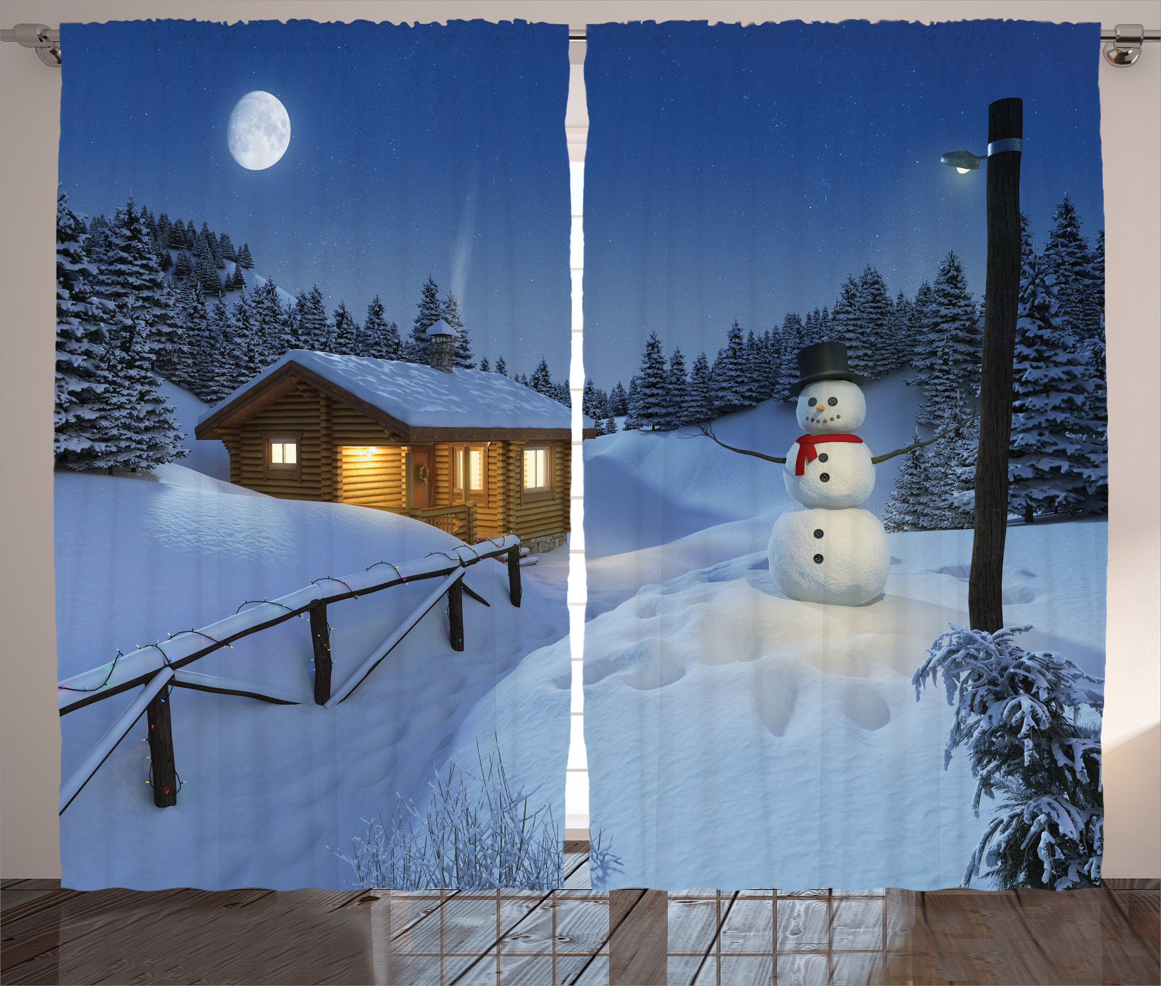 The Holiday Aisle Rajan Christmas Decorations Wooden Rustic Log Cottage Scenery Winter Warm Moonlight Spirit Graphic Print Text Semi Sheer Rod Pocket Curtain Panels Wayfair