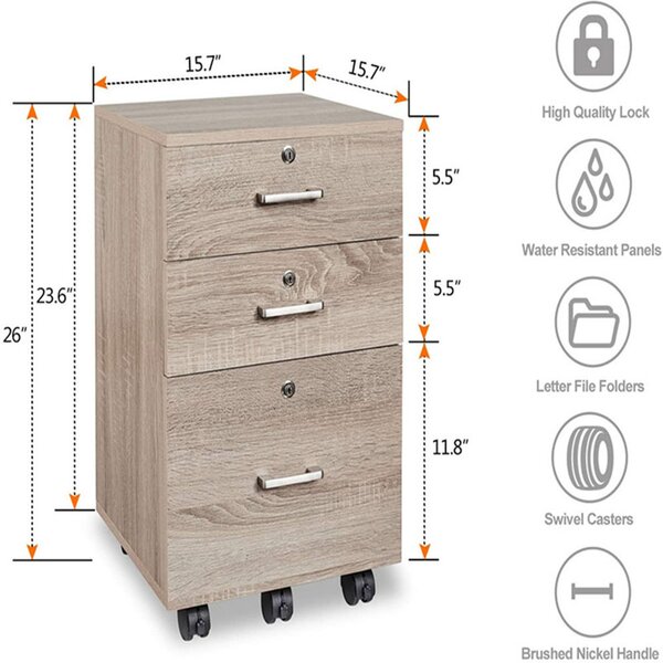 Inbox Zero 3 Drawer Rolling Wood File Cabinet With Lock Wayfair