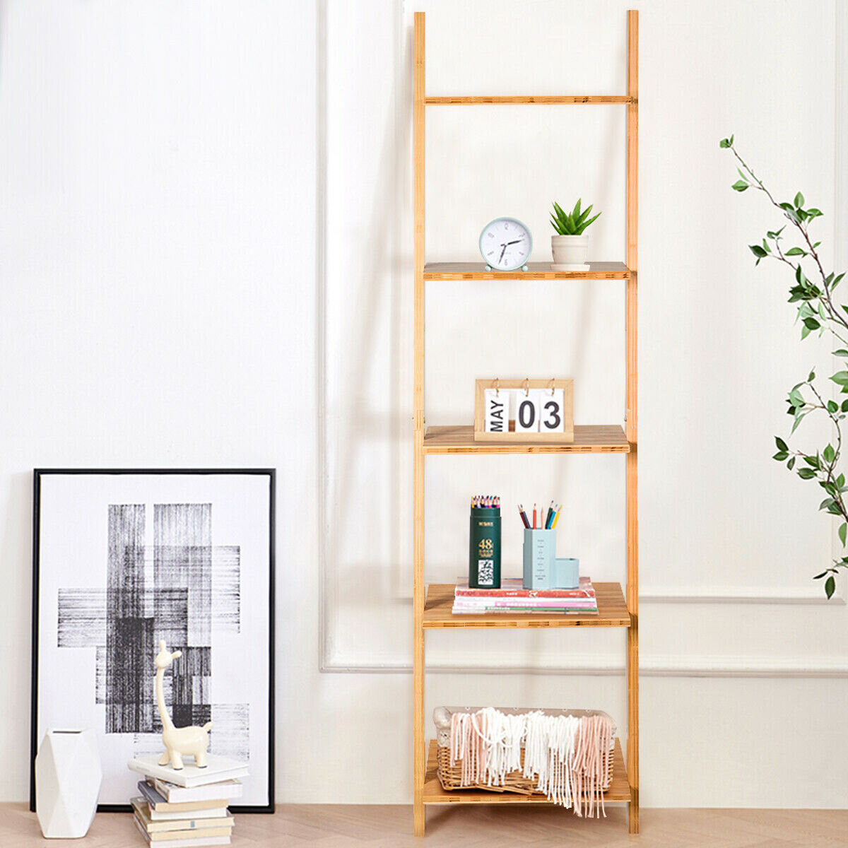 Rebrilliant 5 Tier Ladder Shelf Modern Bamboo Leaning Bookshelf Ladder Bookcase Wayfair