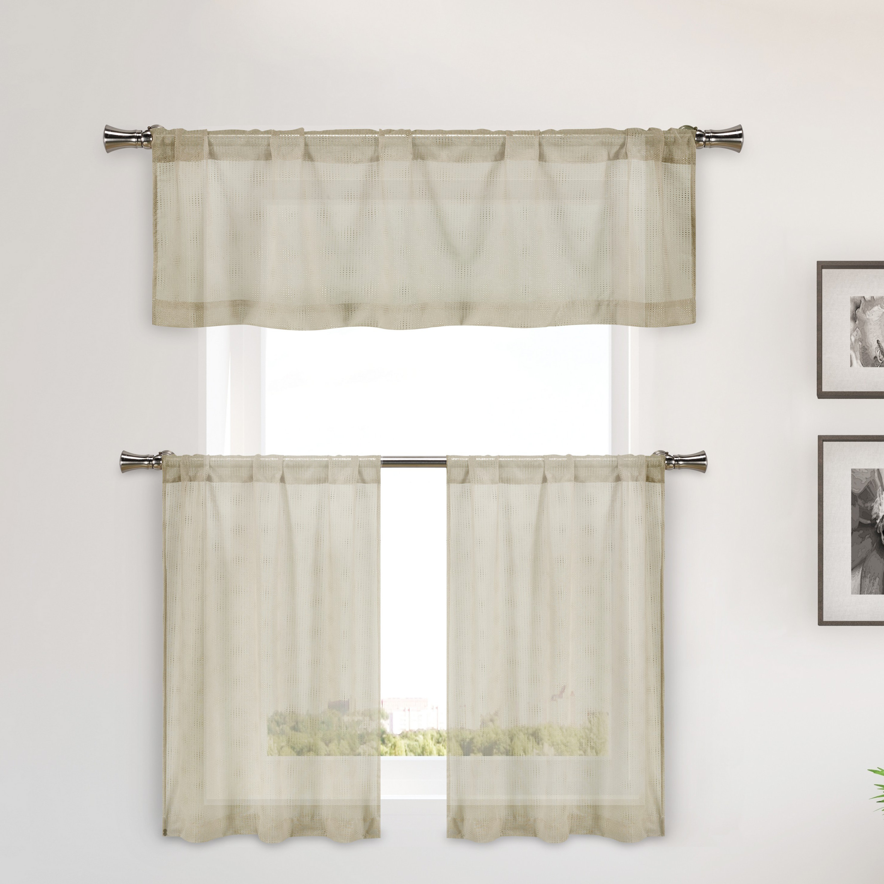 Charlton Home Hayse 3 Piece Metallic Semi Sheer Kitchen Curtain