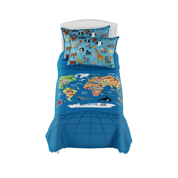 World Map Quilted Bedspread & Pillow Shams Set Colorful Political Print 