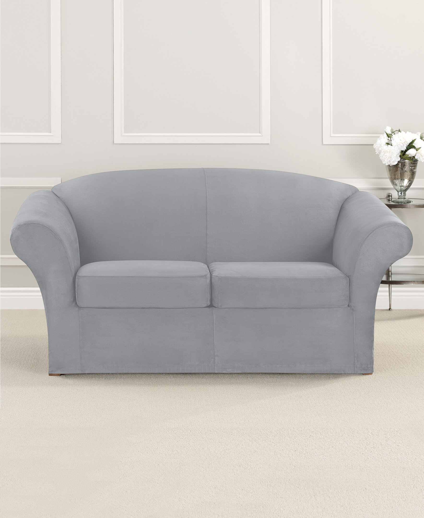 smoke blue Sure Fit  Suede  BOX Cushion LOVESEAT Slipcover 