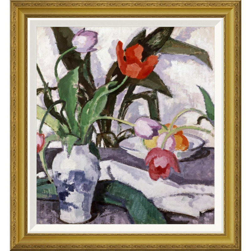 Global Gallery Red And Mauve Tulips In A Vase By Samuel John