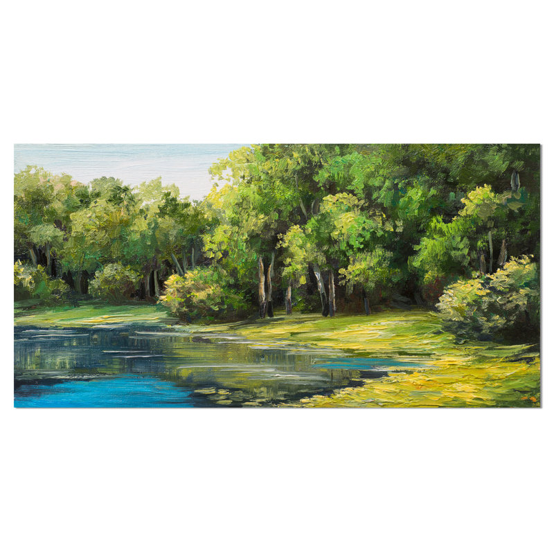 Designart Summer Day Lake In Forest Landscape Painting Print On