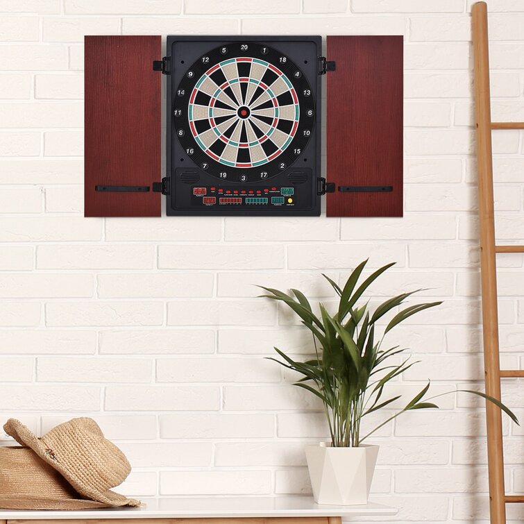 Color : Wood Color : Wood CLEAVIN Electronic Dartboard Set 27 Games and 243 Variations & 4 LED Display with 12 Darts and Cabinet to Storage Multi-Game Option 