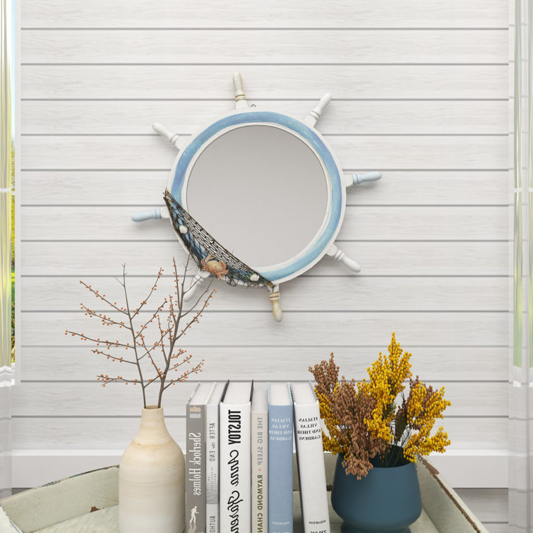 Red Crab Wall Mirror Wood Frame Coastal Nautical Round Small Beach House Decor 