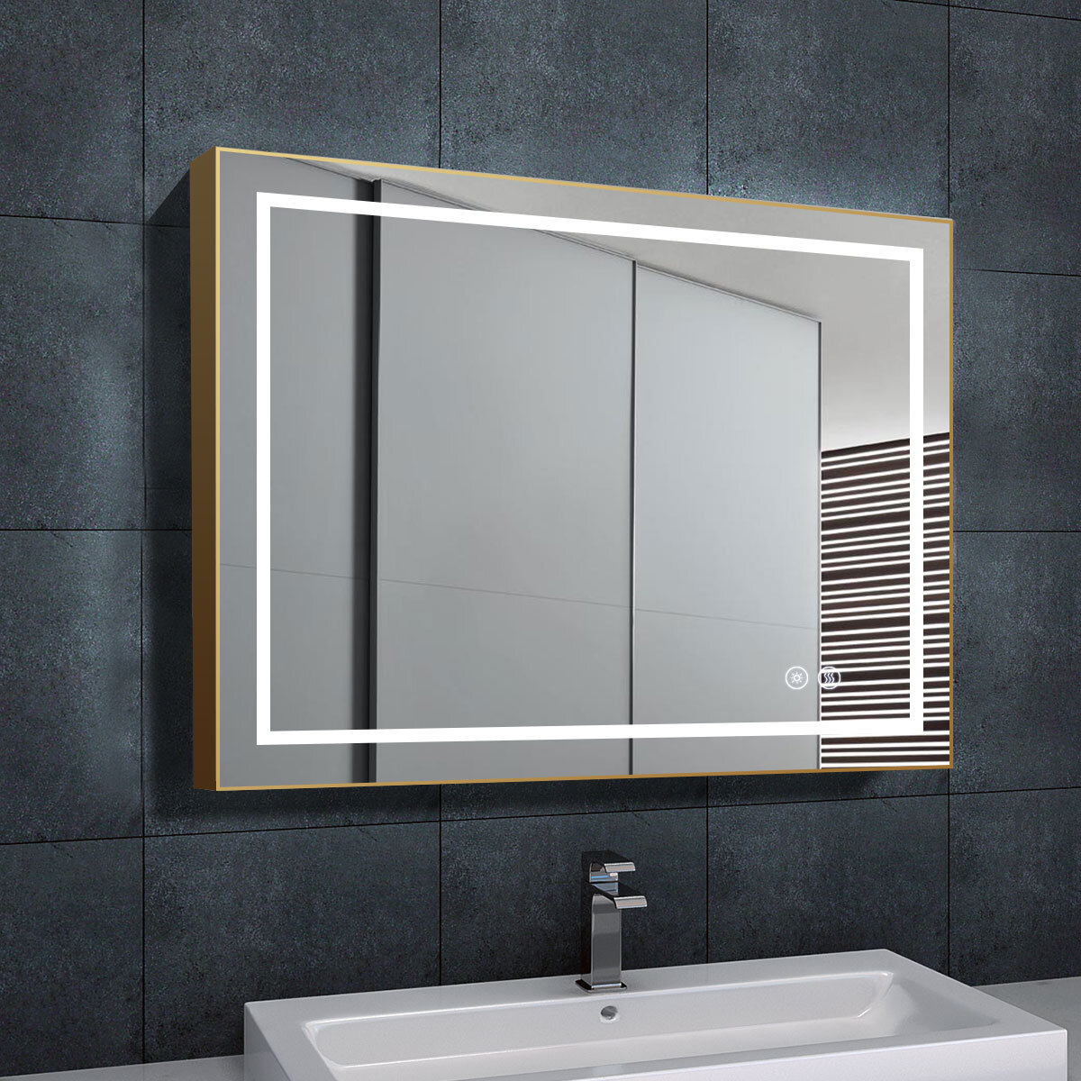Ivy Bronx 36 X 28 Inch LED Bathroom Mirror With Touch Button, Black Frame,  Anti Fog, Dimmable, Vertical / Horizontal Mount 