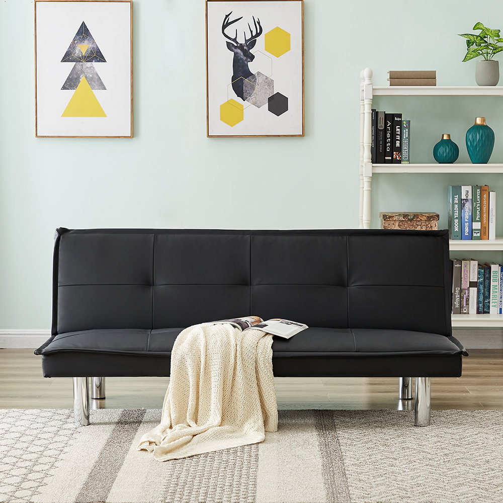 Memory Foam Faux Leather Futon Sofa Bed Couch Foldable Winged Armrest Wood Black 