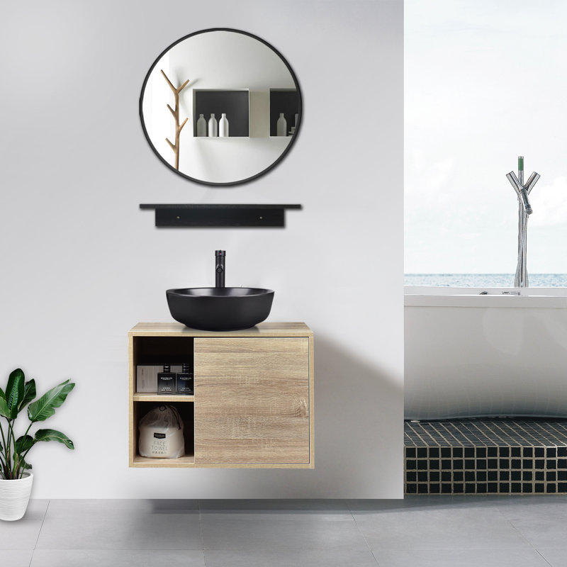 Bitha 24" W Wall-Mounted Single Bathroom Vanity Set with Mirror Sink Finish: Black