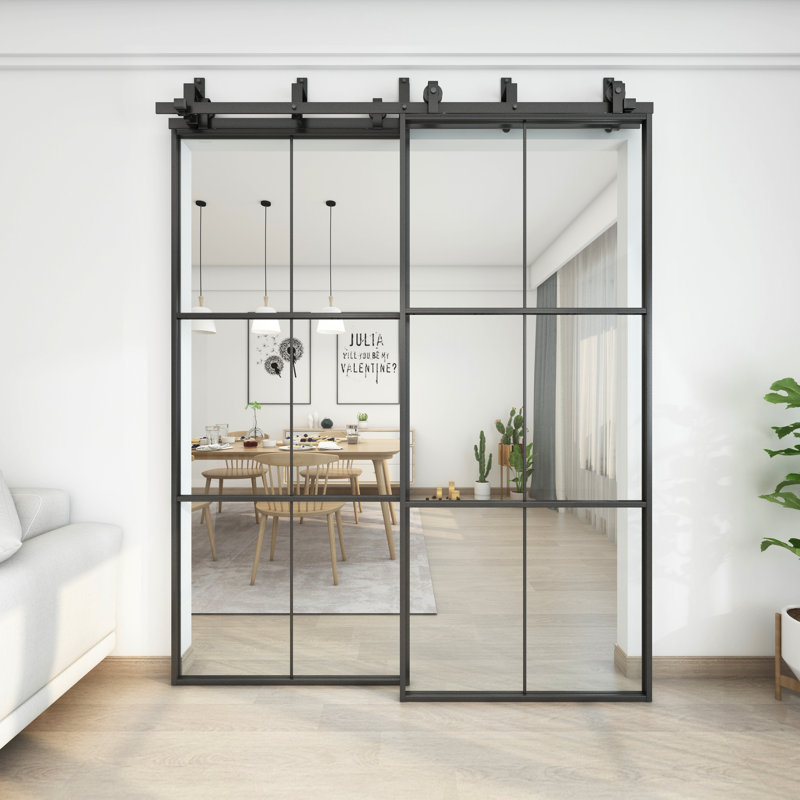 Glass Bypass Barn Door With Installation Hardware Kit Size: 72" x 84"