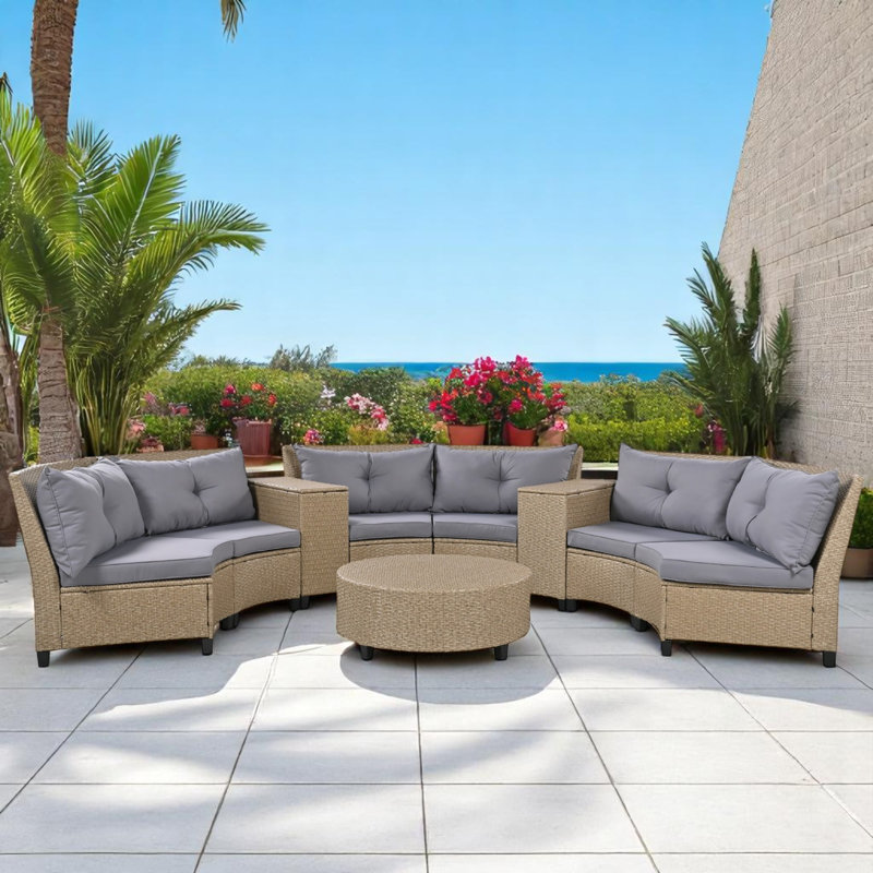 (INCOMPLETE BOX 4/4) Camela 9 Piece Rattan Sectional Seating Group with Cushions Cushion Color: Gray, Frame Color: Brown