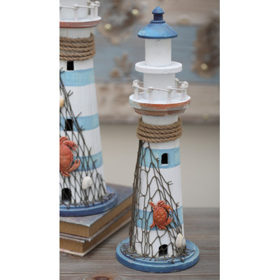 Cyr Wood Light House Decorative Blue Sculpture with Netting