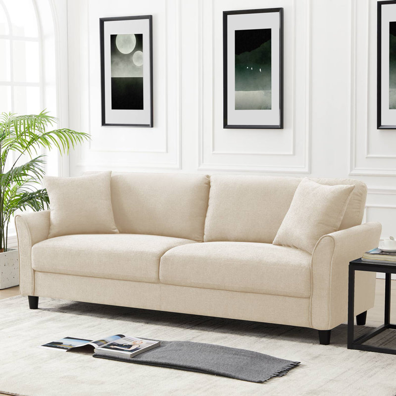 Mid-Century Upholstered 85 Inch Sofa Couch, Modern Linen Fabric Couch For Small Space