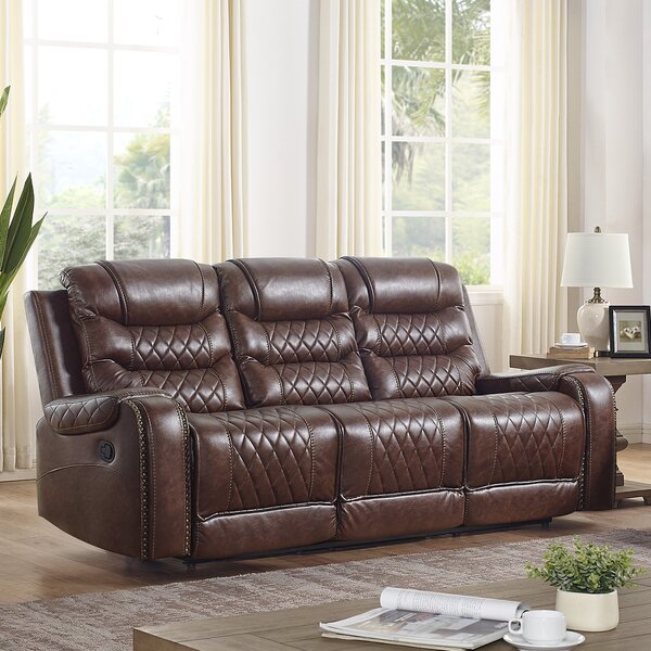 Lark Manor Misael Faux Leather Reclining Sofa With Nailhead Trim And ...