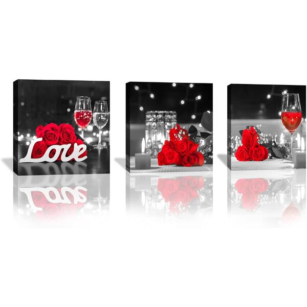 Romantic Red Wine and Rose 3 Pieces Canvas Print Wall Poster Home Decor