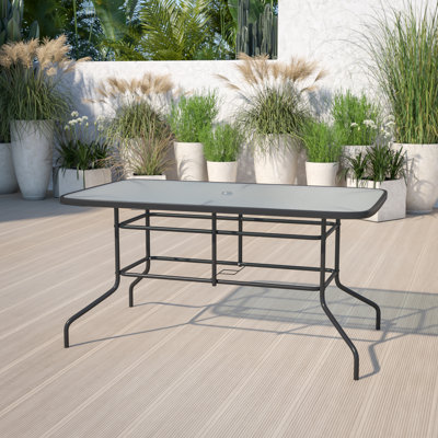 Amlie 31.5" x 55" Rectangular Tempered Glass Metal Patio Table with Umbrella Hole by Flash Furniture/ incomplete 