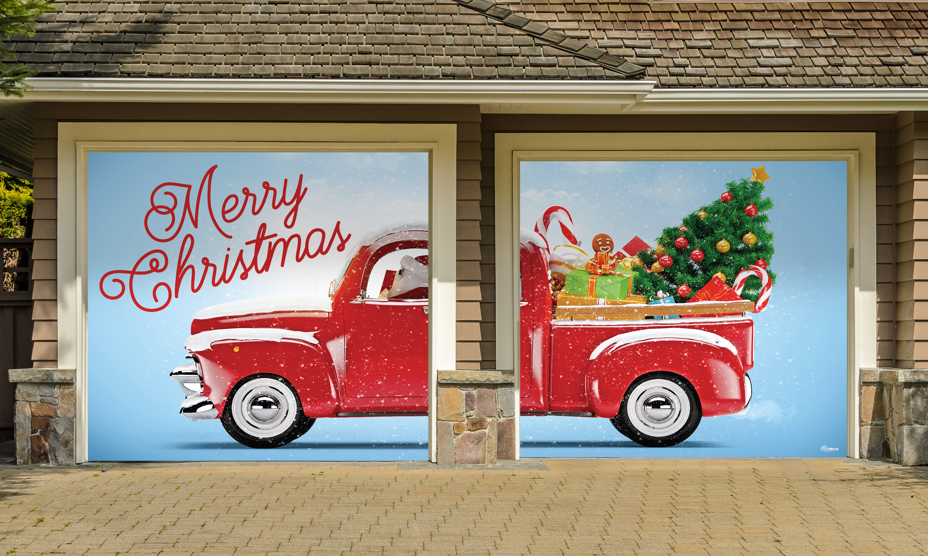 The Holiday Aisle 2 Piece Red Truck Christmas Garage Banner Door