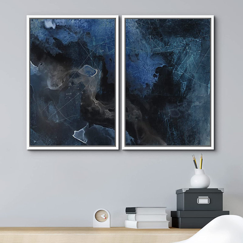 Grunge Abstract Paint Stroke Effect Dark Navy Blue Black Pastel Collage - 2 Piece Print on Canvas Size: 24" H x 36" W x 2" D, Format: Wrapped Canvas