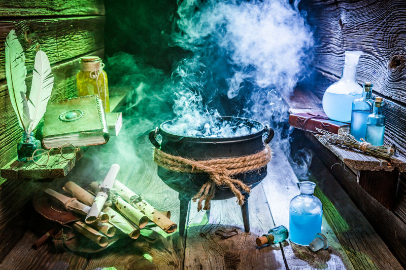 Helsley Halloween Cauldron With Blue And Green Smoke by Shaiith - Print Size: 8" H x 12" W