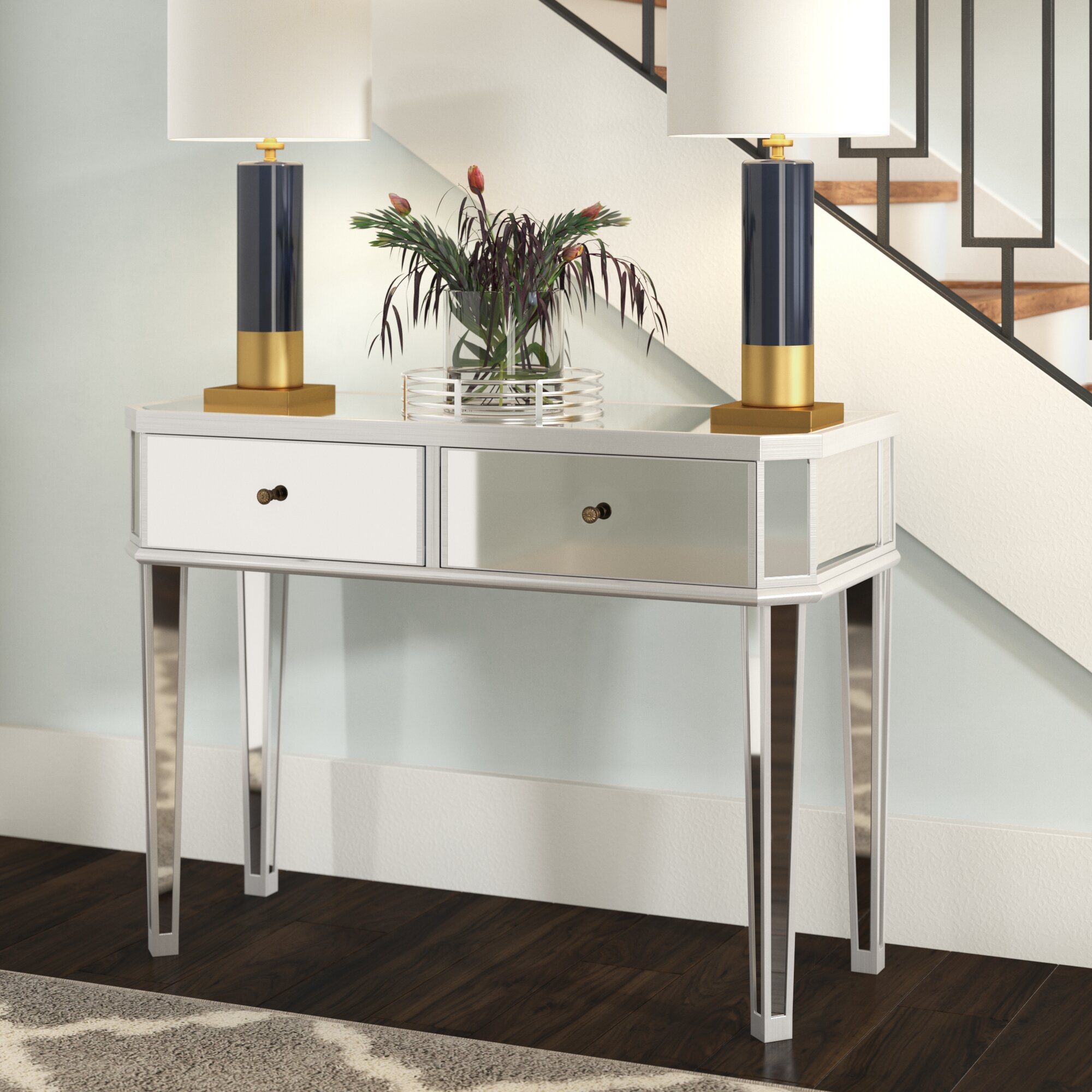 Modern Hallway or Bedroom Furniture Mirror Tiled Border with Angled Legs Mirrored Console Table