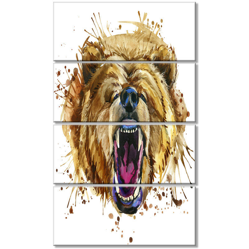 Designart Growling Grizzly Bear Watercolor 4 Piece Painting Print On Wrapped Canvas Set Wayfair