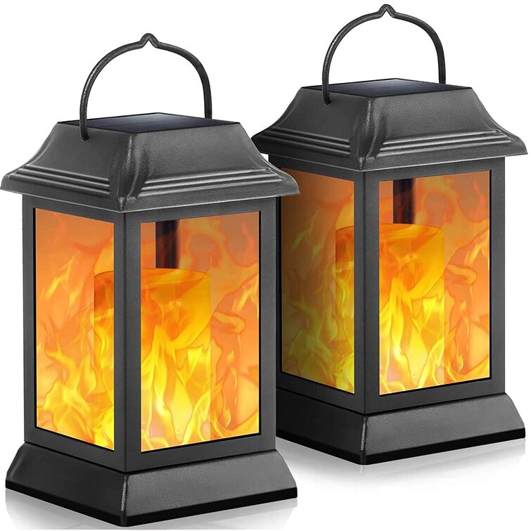 with 1 Extra Flicking Flame LED Bulb Aluminum Hanging Lantern Decorative Waterproof 2 Pack Metal Solar Lantern Flickering Flame LED Lights 