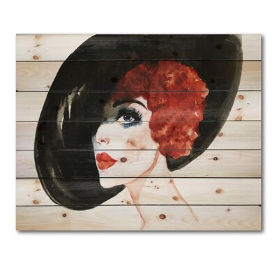 Red Head Lady In Hat Portrait Of Woman - Modern Print On Natural Pine Wood -  East Urban Home, WD35693-30-15