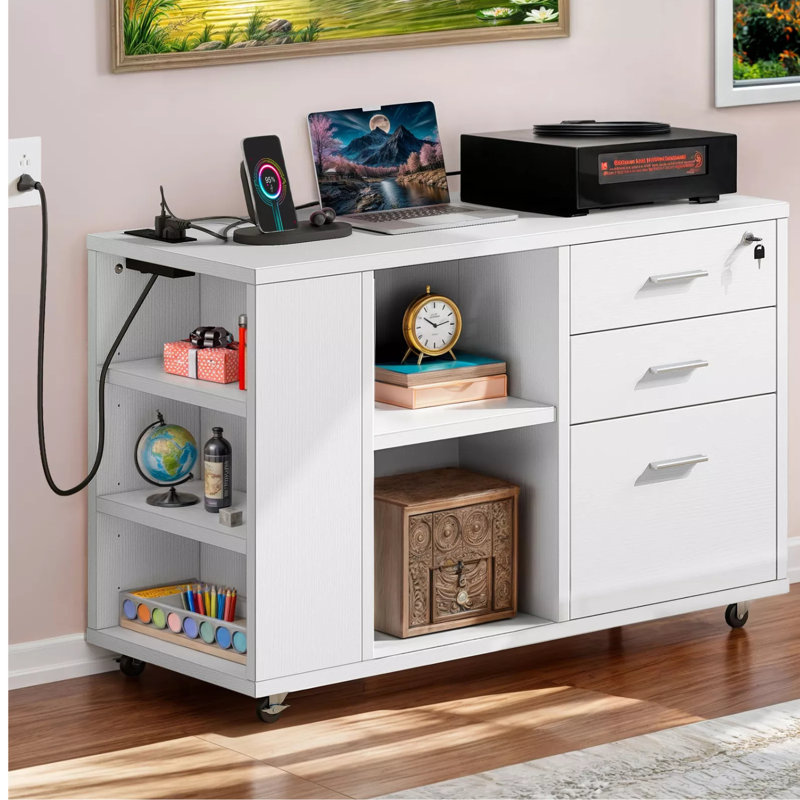 Ardeha 39" W 3-Tiers Wood Storage File Cabinet with 3 Drawers &3 Side Storage Shelve &Built-In Outlet Finish: White
