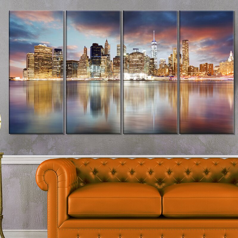 Designart New York Skyline At Sunrise With Reflection 4 Piece Wall Art On Wrapped Canvas Set Wayfair