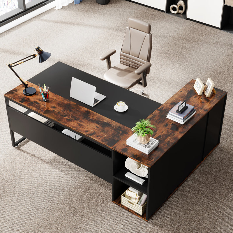 L- Shape Executive Desk Color (Top/Frame): Rustic Brown/Black (incomplete)