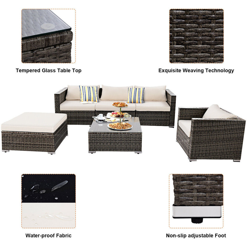 Orren Ellis Costway 6pc Furniture Set Patio Sofa Pe Grey Rattan Couch 2 Set Cushion Covers Wayfair Ca