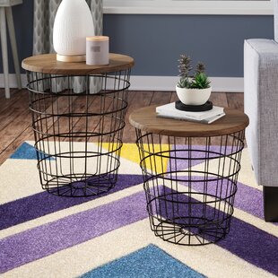 Retro Metal Wire Round Wood Top Storage Side Table Basket Home Furniture Modern 