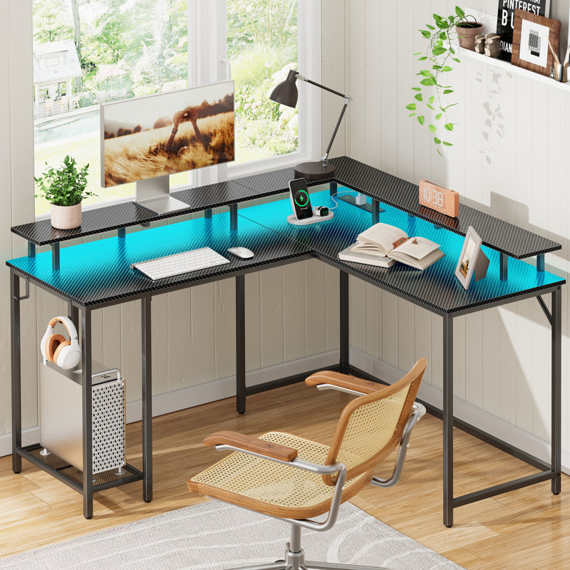 Kamai 54" Desk, L Shaped Desk, Computer Desk, L Desk, Corner Desk, Desks with LED Light, Writing Desk, Gaming Desk, Desk for Gaming Color (Top/Frame): Carbon Fiber Black/Black