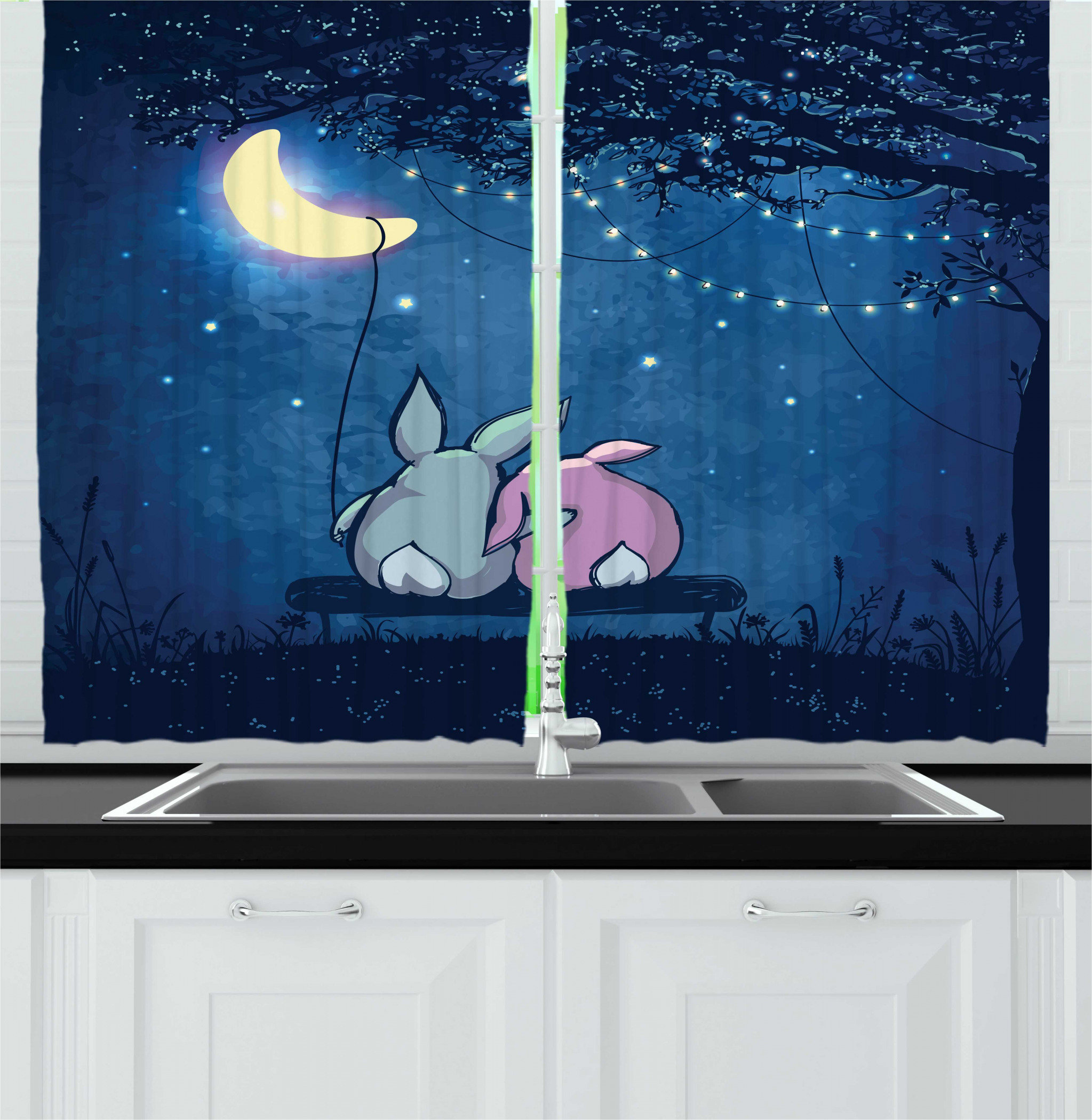East Urban Home 2 Piece Half Moon Rabbit Couple Under Starry Night Sky Kitchen Curtain Set Wayfair