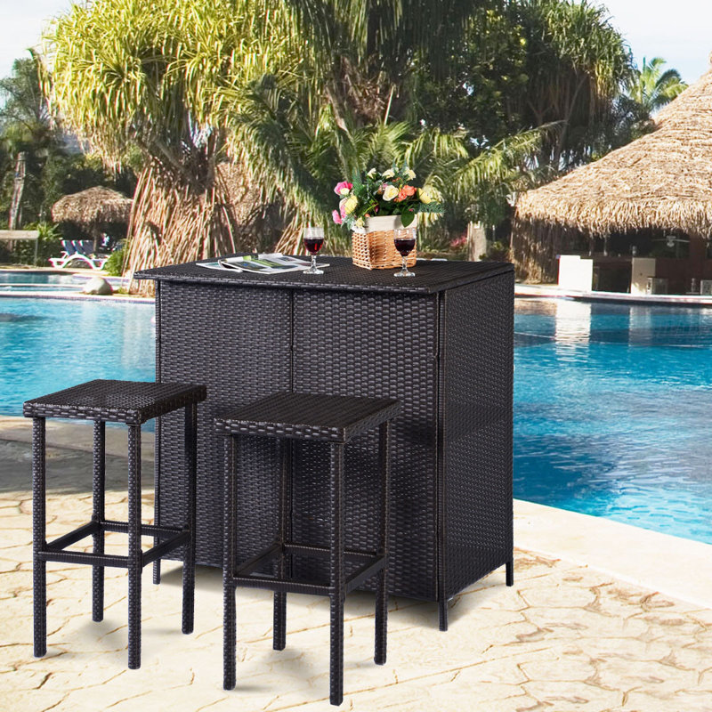 Latitude Run 3 Pcs Patio Outdoor Rattan Wicker Bar Table And 2 Stools Wayfair Ca
