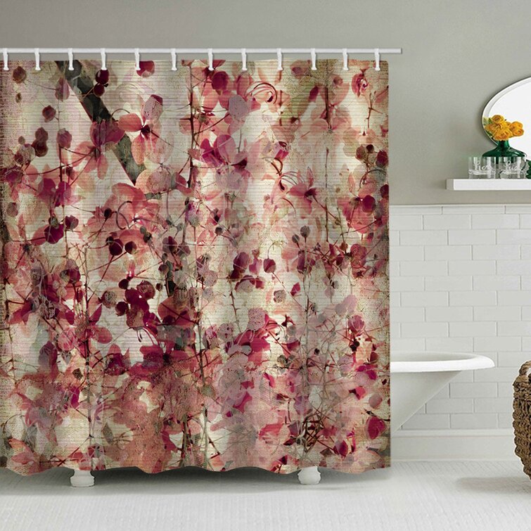 Pink Butterfly Flowers Waterproof Fabric Shower Curtain Set Bathroom Free Hooks 