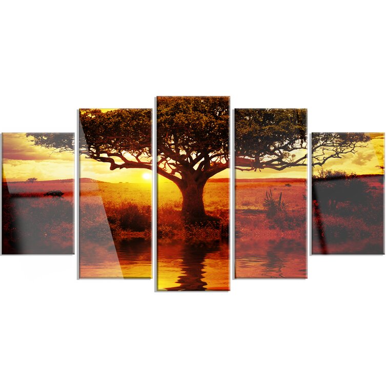 'Lonely Tree in African Sunset' 5 Piece Photographic Print on Wrapped Canvas Set 