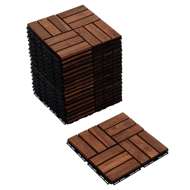 BEEFURNI - 12.1'' x 12.1'' Wood Interlocking Deck Tiles Color: Dark Brown