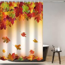 Yellow & Red Maple Leaves White Shower Curtain Hooks Bathroom Mat Waterproof LB 