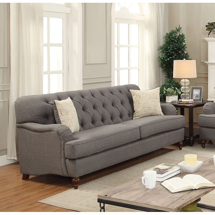 Vintage Traditional Style Sofa With 2 Pillows In Dark Grey Fabric