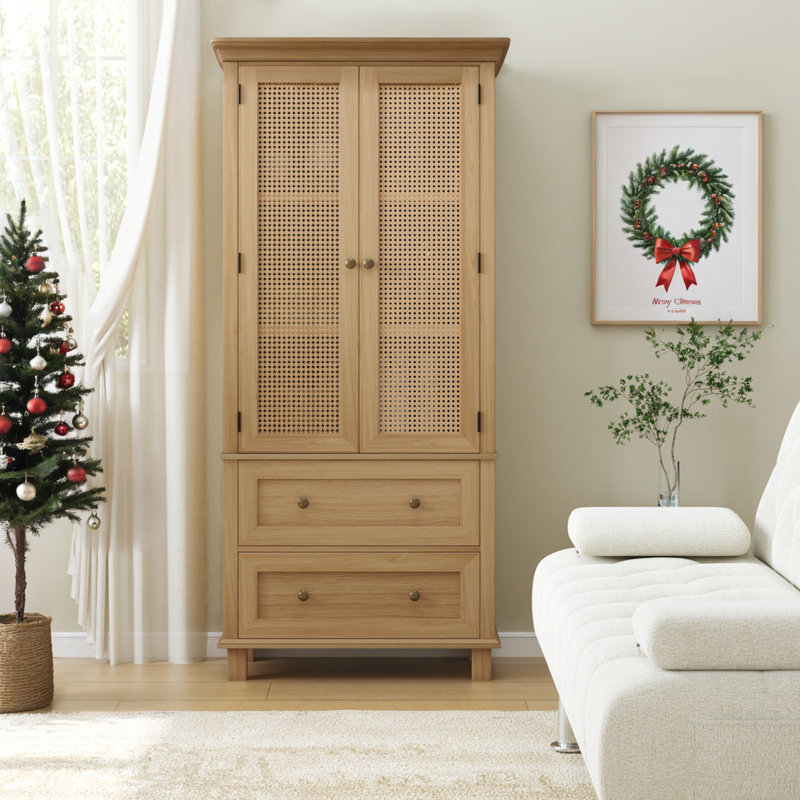 2-Door 2-Drawer Tall Locker With Faux Rattan And Faux Solid Wood Surface, 64.4"H X 28.54"W X 15"D Color: Brown