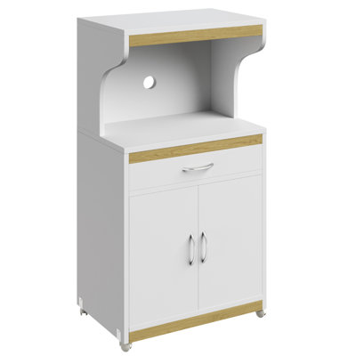 Akillian 45'' Kitchen Pantry, Microwave Stand with Storage – Rolling White Cabinet with Doors, Drawer, and Locking Wheels – Freestanding Wood Cart