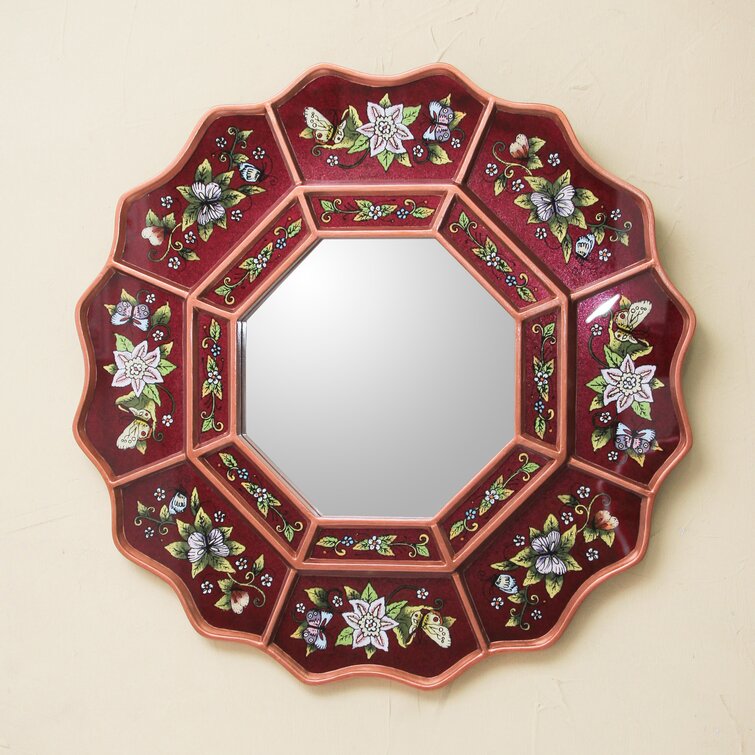 NOVICA Red Reverse Painted Glass Wood Wall Mounted Mirror with Blue and White Flowers 'Floral Crimson' 