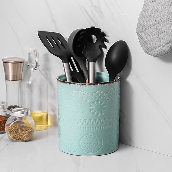 Aqua Blue Owl Design Ceramic Cooking Utensil Holder/ Kitchen Storage Crock 