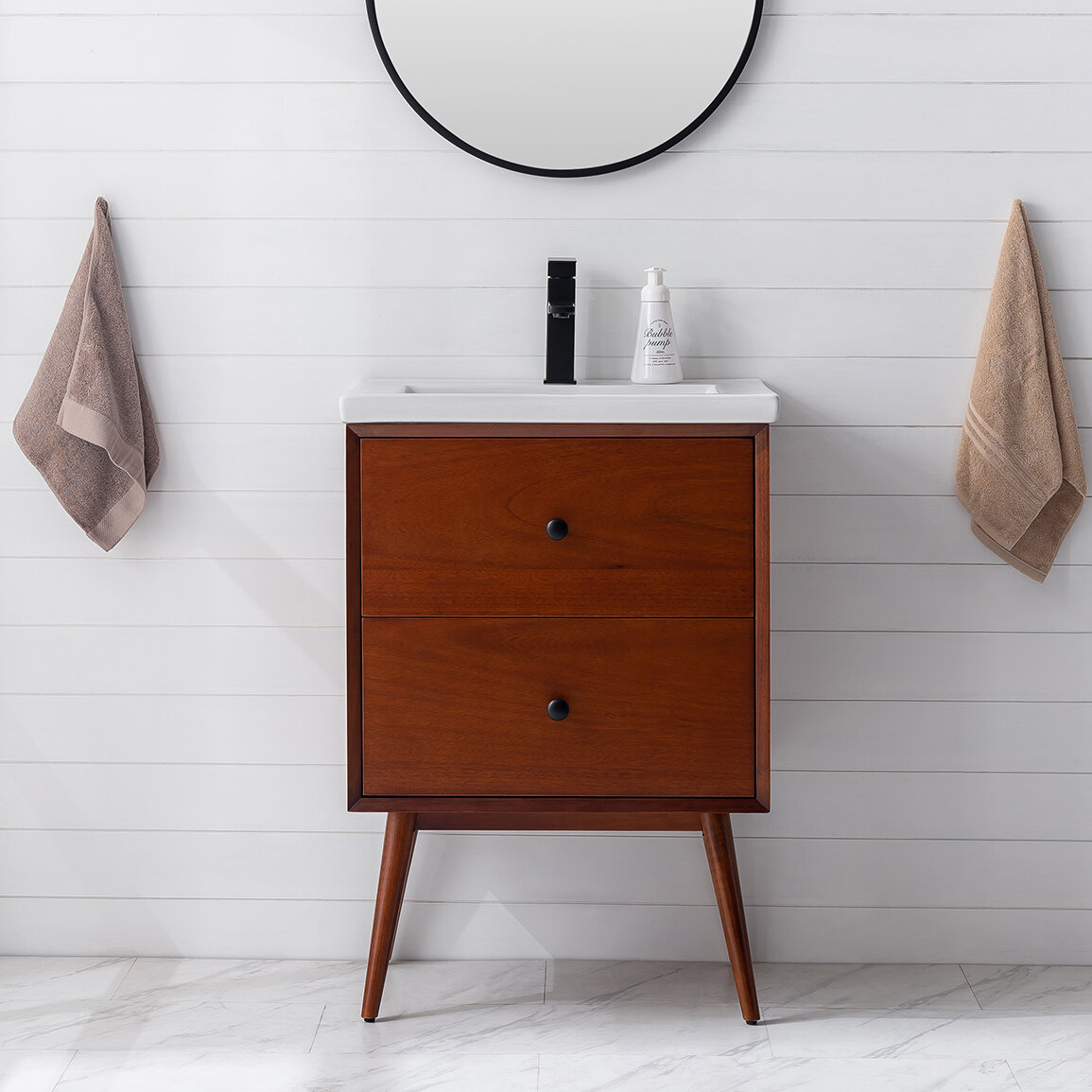 Eviva Caramel 24 Inch Teak Mid Century Bathroom Vanity With Porcelain Top And Dovetail Drawers Wayfair