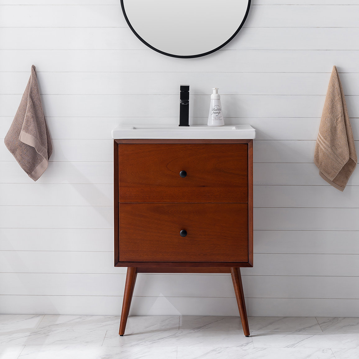 Eviva Caramel 24 Inch Teak Mid Century Bathroom Vanity With