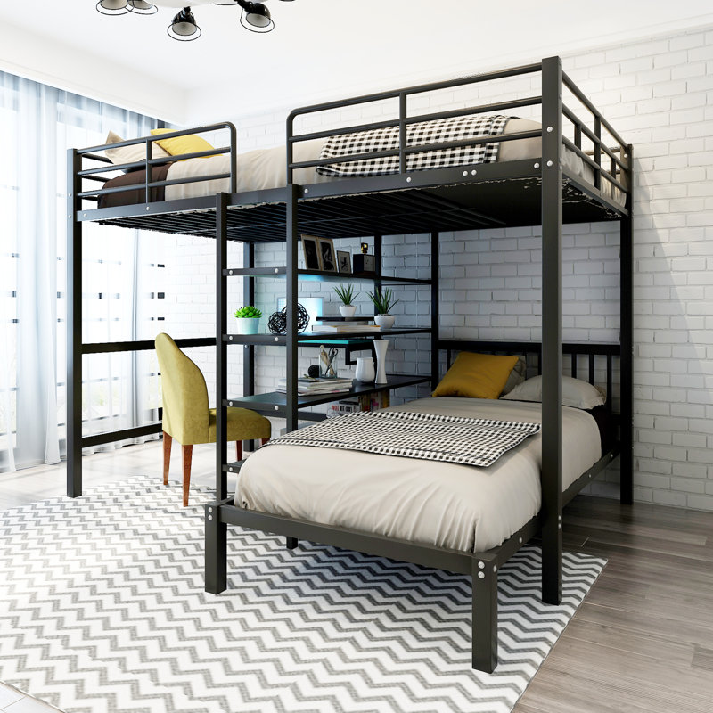 (INCOMPLETE) Metal Bunk Bed,Full Over Twin Bunk Beds With Built-In Desk,Shelves And Safety Ladder,For Dormitory Bedroom Boys Girls Adults Bed Frame Color: Black