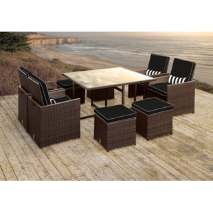 Stella II Patio Rattan 9 Piece Dining Set With Cushions And Rectangular Toss Pillows by Solis Patio Top Reviews